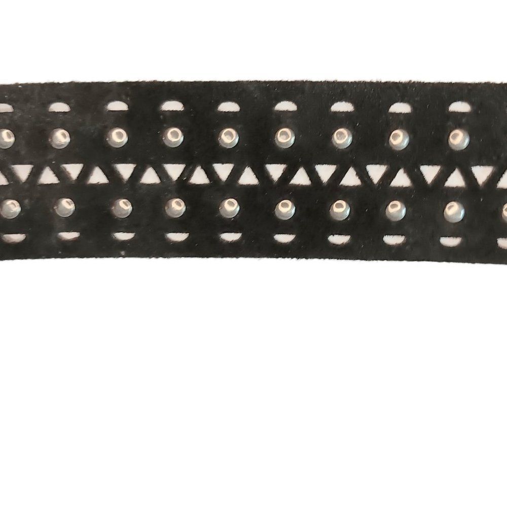 SOLD - Black Leather Belt Cutouts Silver Studs Large Silver Rings Tassles Italy - Picture 3 of 10
